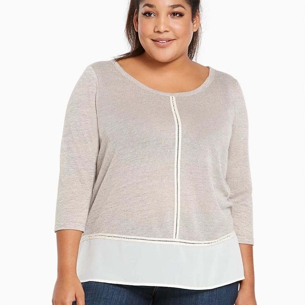 TORRID CREAM KNIT CHIFFON CROCHET TRIM SWEATER‎